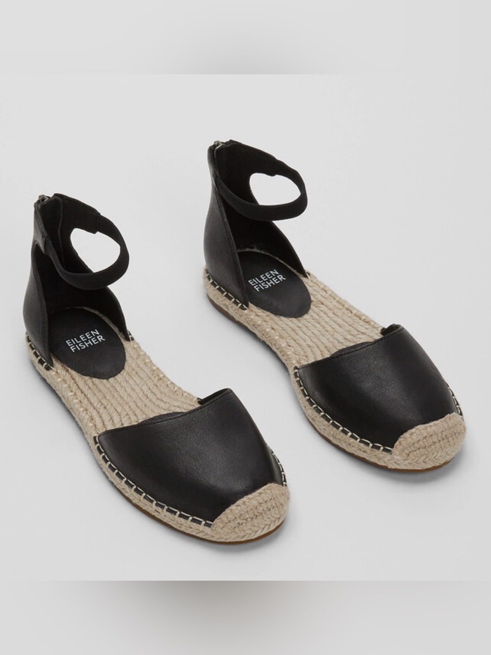 EILEEN FISHER Lala Black Tumbled Leather Ankle Strap Espadrilles Flat Size 6 NEW